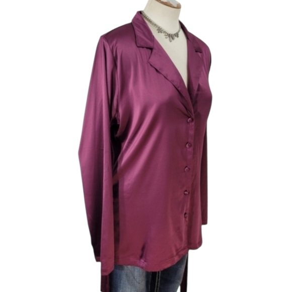 NWOT Satin Burgundy Long Sleeve Button Down Ladies Shirt Size 16 - Picture 2 of 10